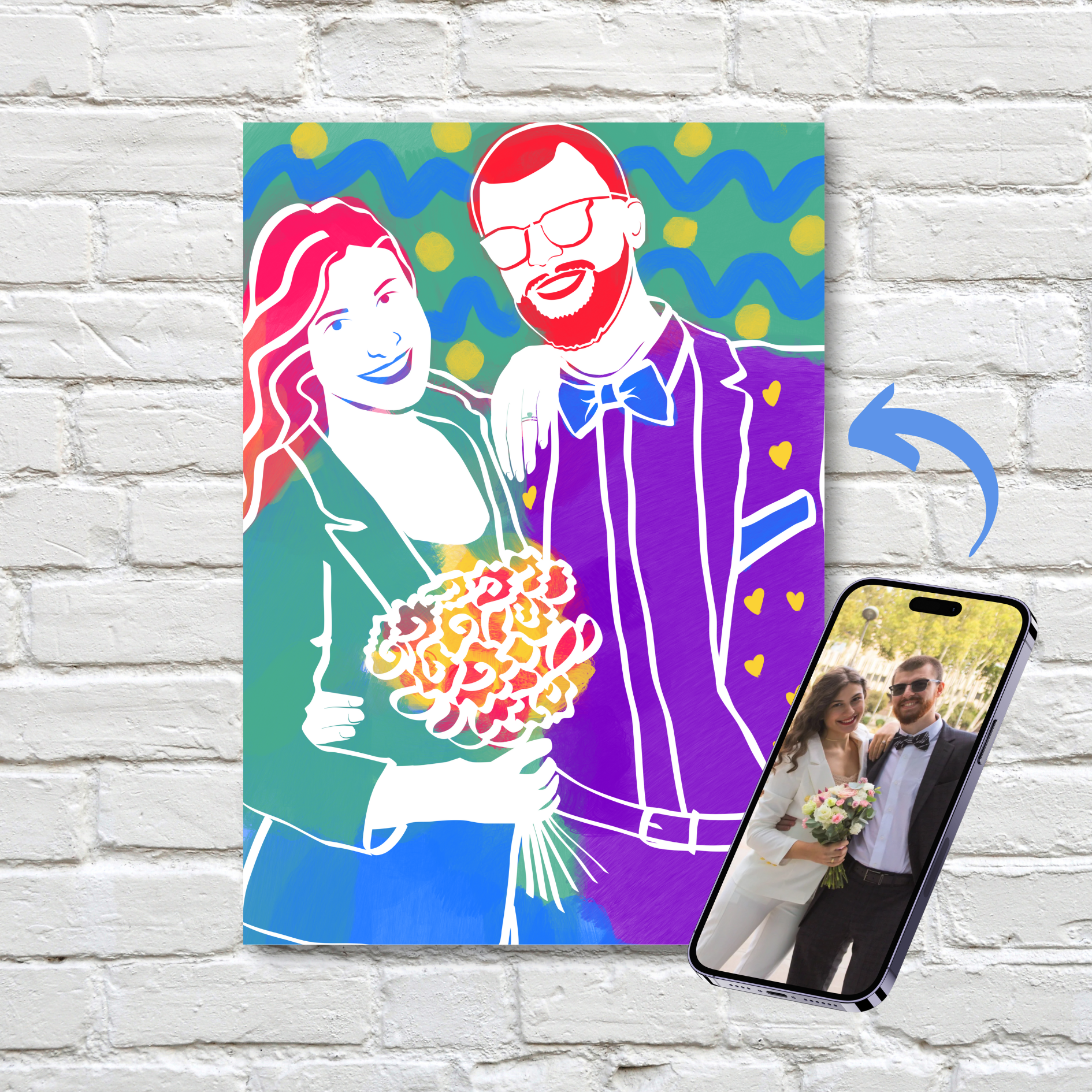 Colored portrait made based on the couples picture. Flip-Flop Portrait colored with logical color distribution.